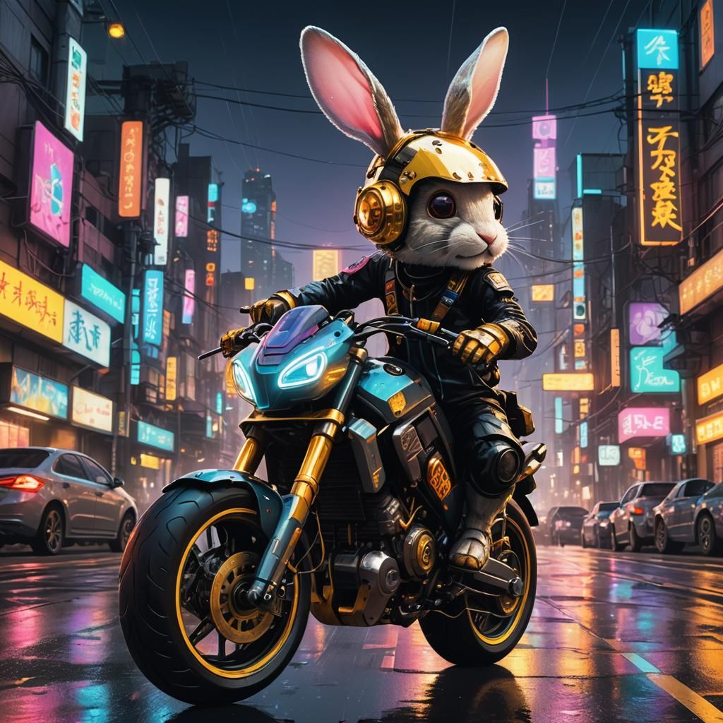 Cyberpunk Rabbit Rides Neon Bike at Dusk