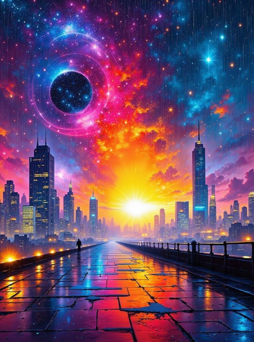 Neon City Saxophonist in Impressionistic Style