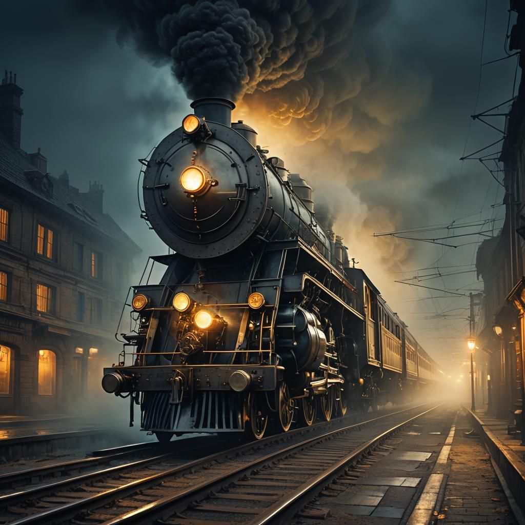 Steam Train on Misty Tracks: Dark Fantasy Art
