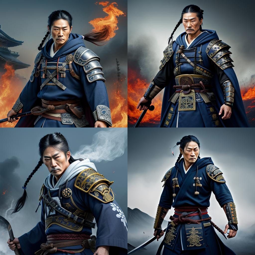 Samurai Warrior in Burning Fields: Digital Painting