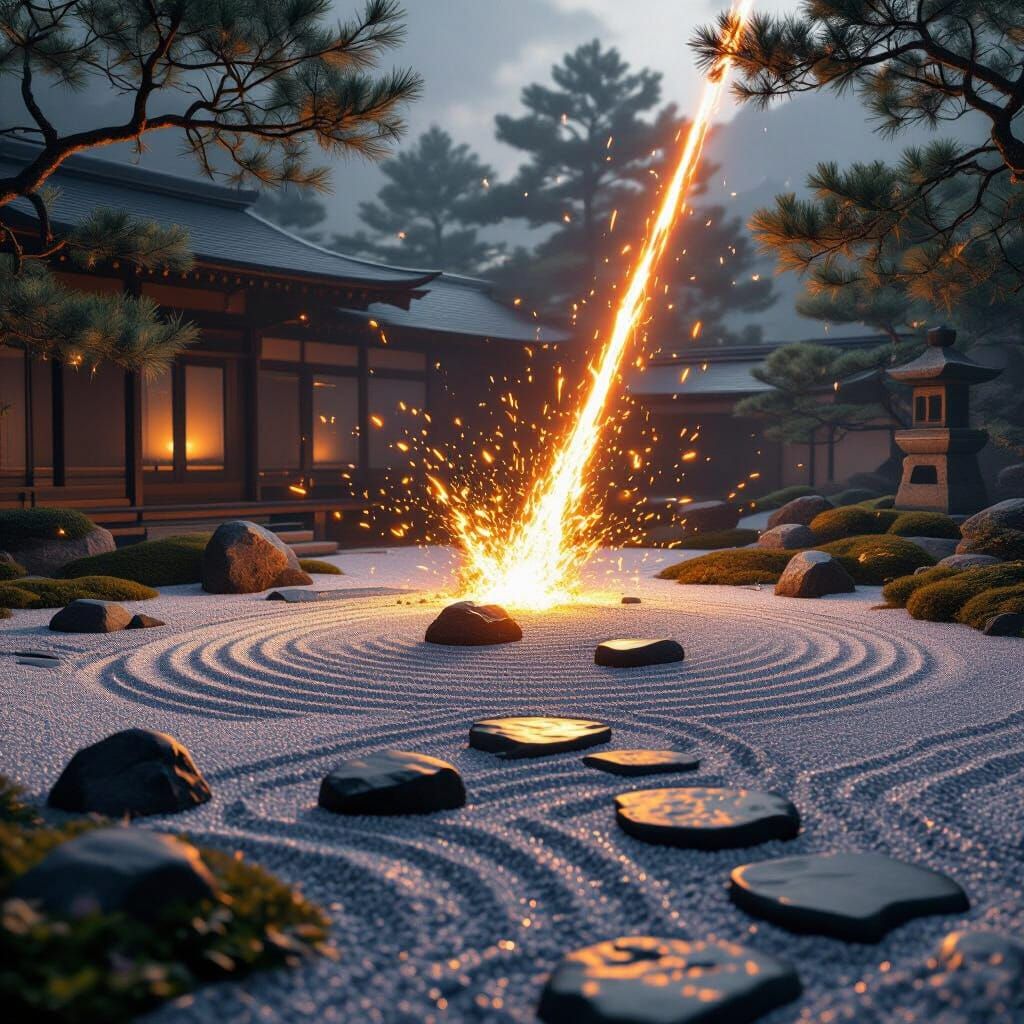 Zen Garden Meteor Strike in Hyperrealistic Style