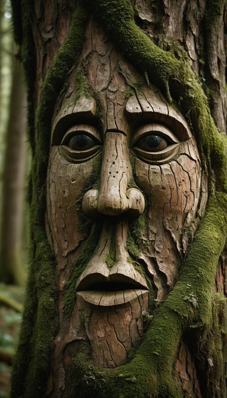 Tree Trunk Carving of Ancient Spirits in Forest