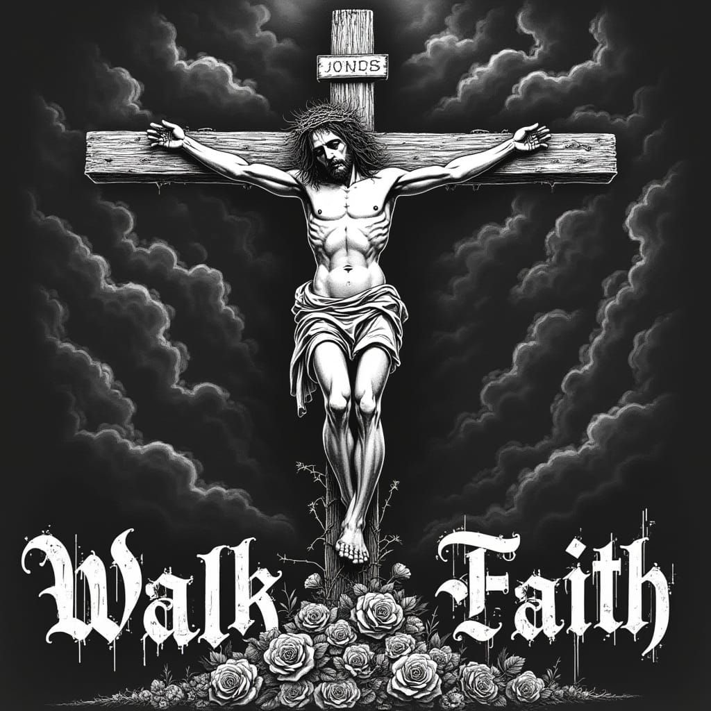 Dark Gothic Skateboard Design with Crucified Jesus