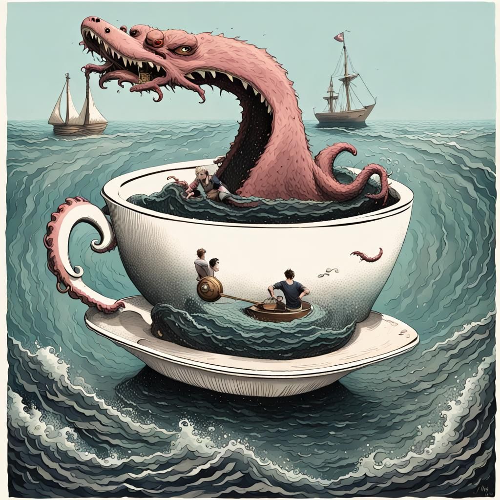 Giant Teacup Boat Pulled by Sea Monster