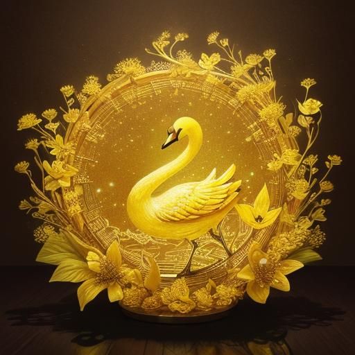 Opalescent Yellow Swan Ink Drawing on Brown Paper