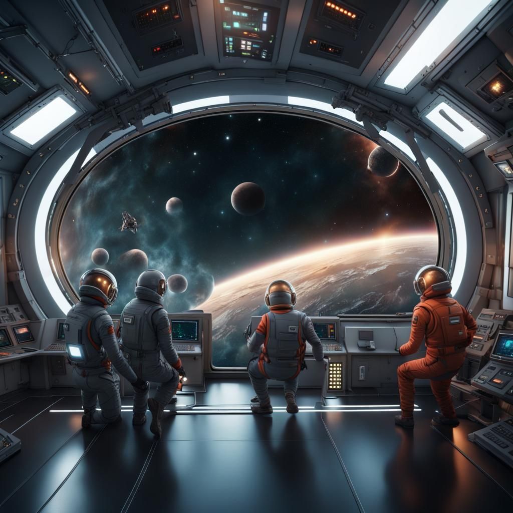 Photorealistic Spaceship Crew Navigating Black Hole