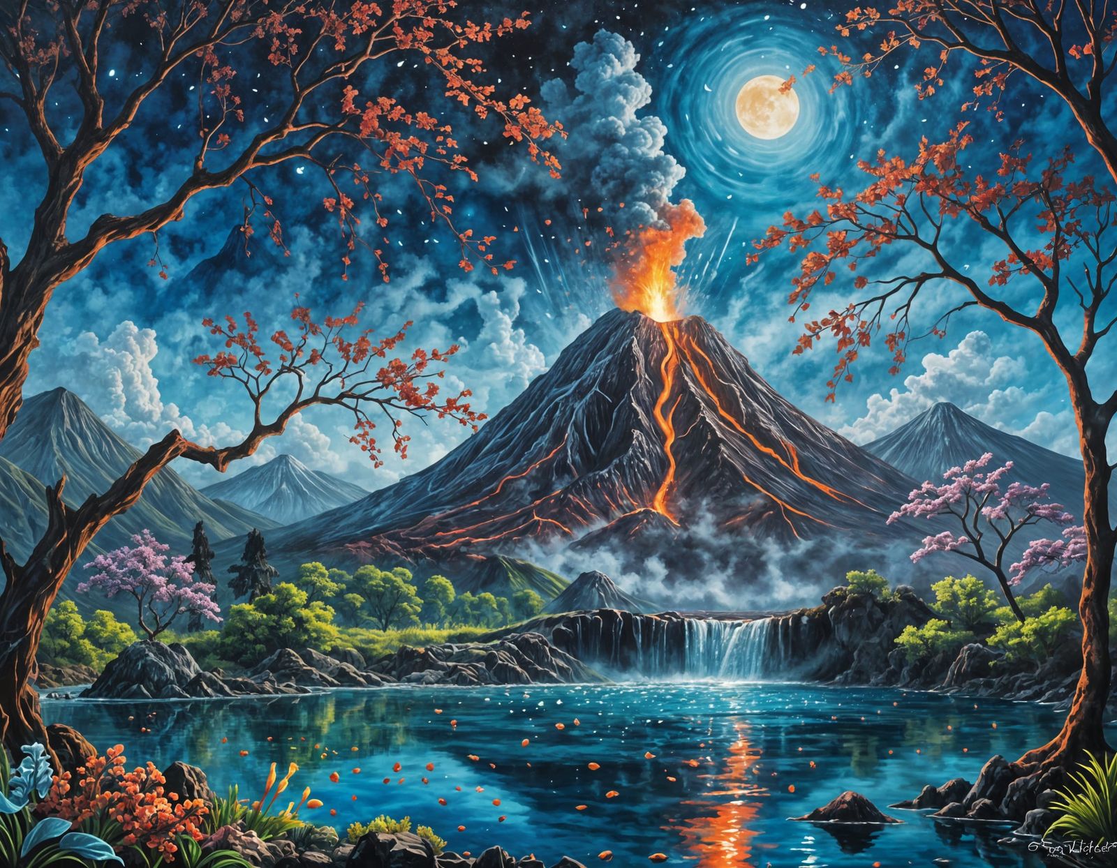 Moonlit Oil Painting of Underwater Volcano with Cherry Tree ...