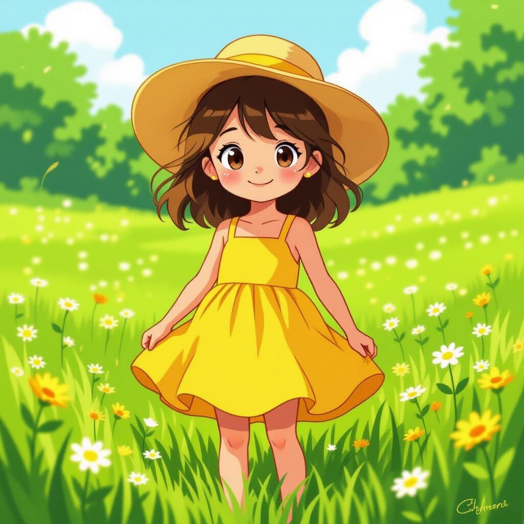 Cartoon Girl in Meadow, Anime Style Illustration