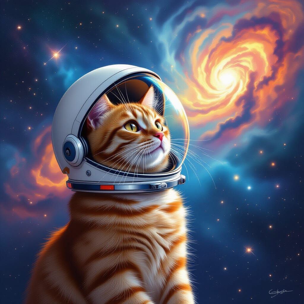 Ginger Astronaut Cat in Cosmic Nebula Digital Painting
