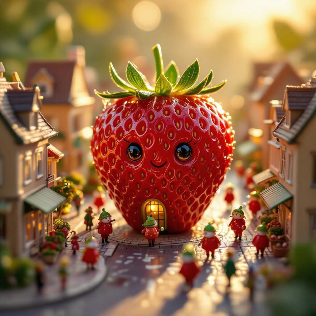 Strawberry City: Whimsical Miniature World in Golden Hour