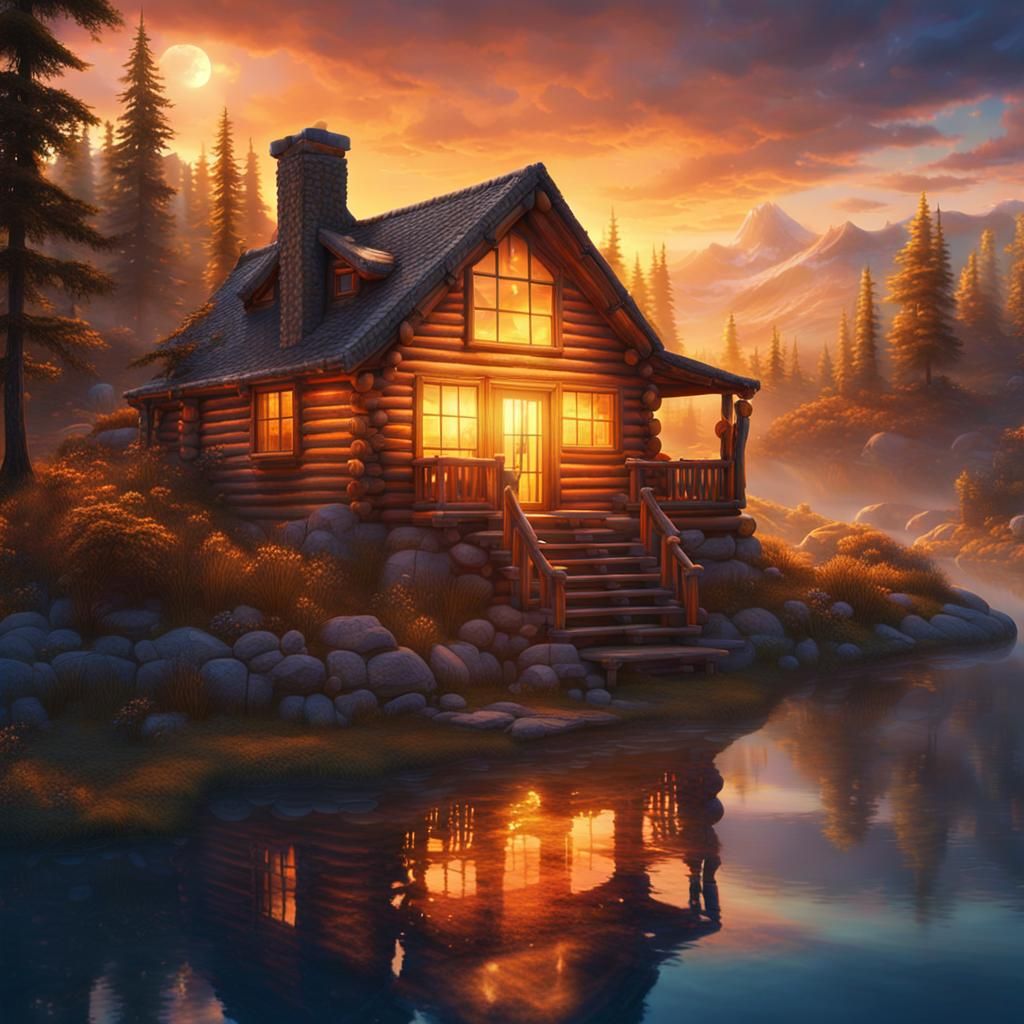 Picturesque Log Cabin at Sunset: Fantasy Concept Art