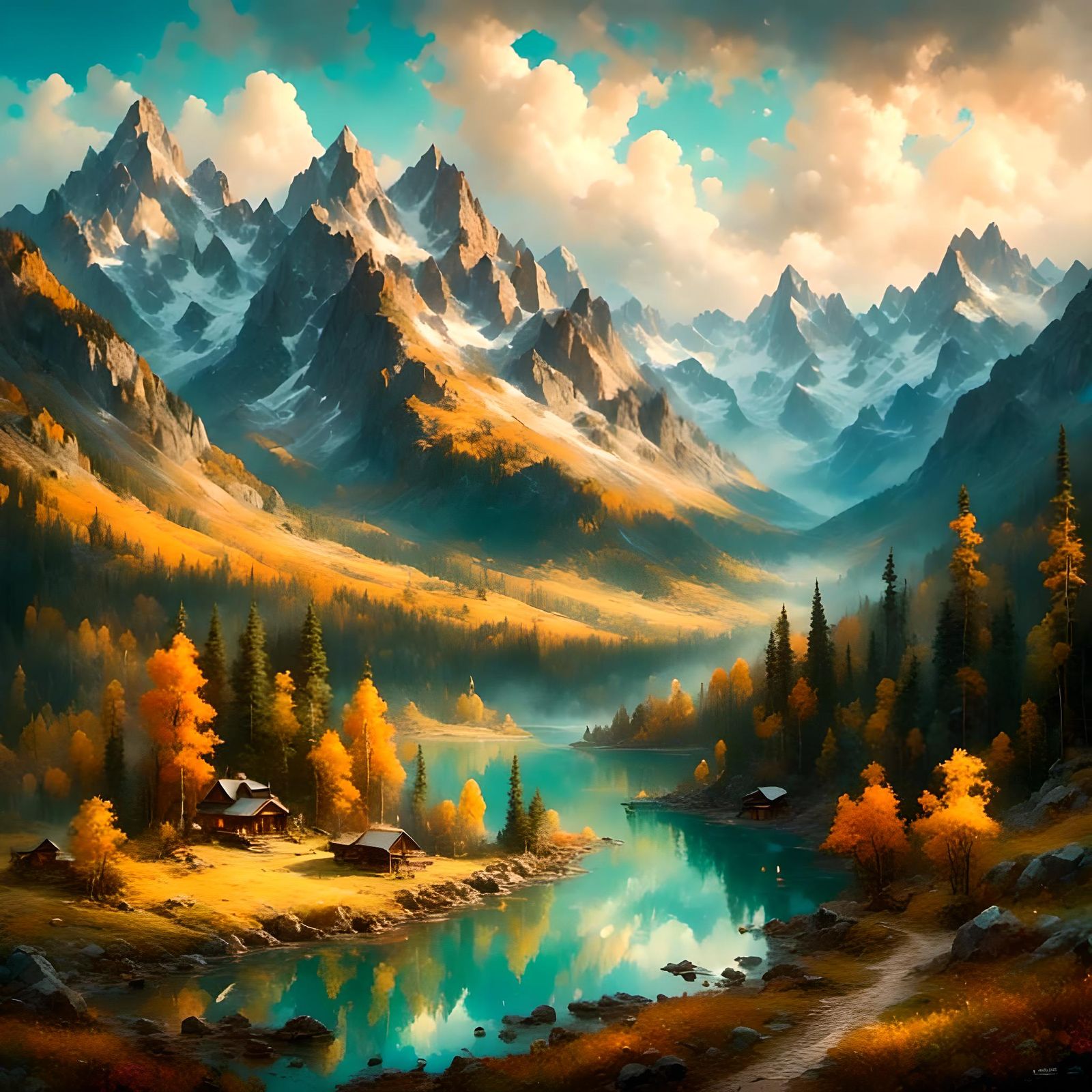 Dreamy Watercolor Landscape at Sunset