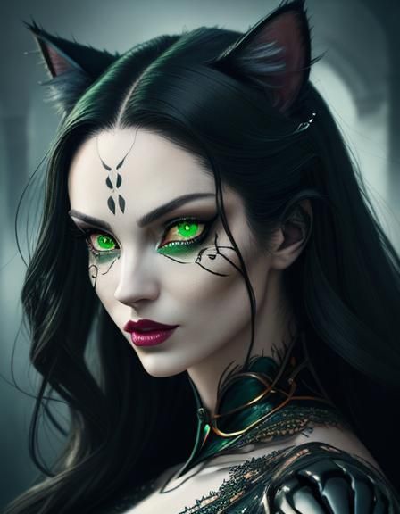 A cat woman with cat head,face and eyes dressed in extravagant clothes