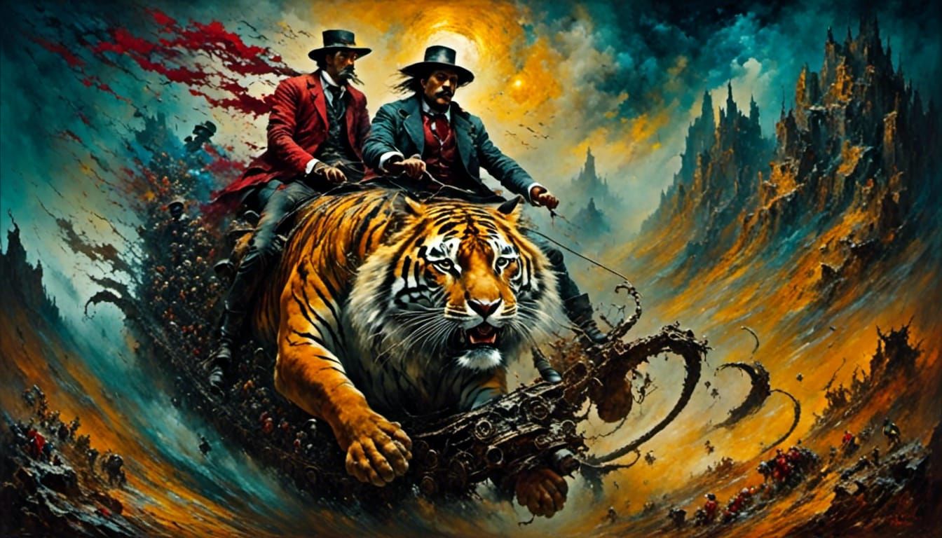 Surreal Man Rides Tiger in Heavy Metal Style