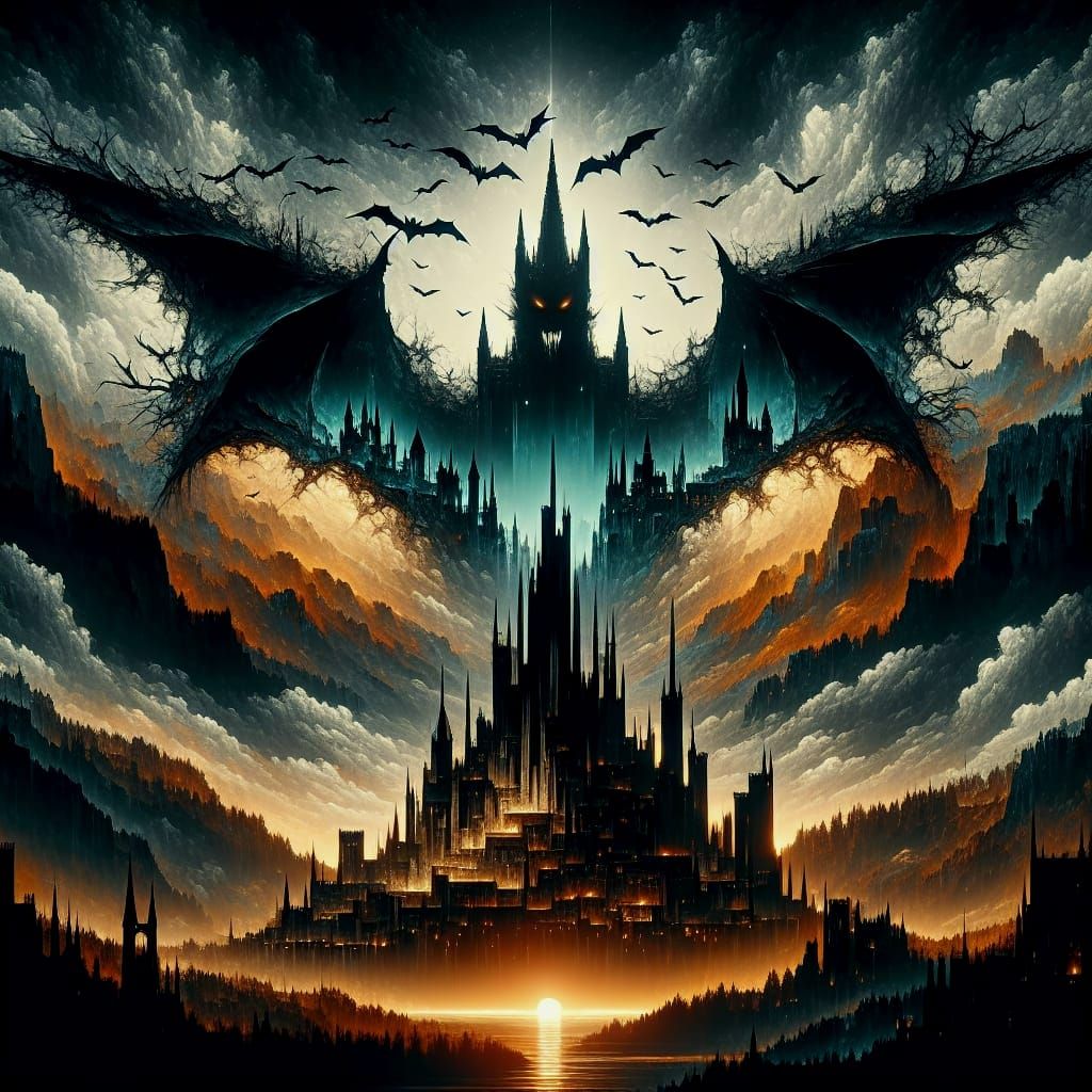 Ominous Bat Silhouette Over Dark Castle