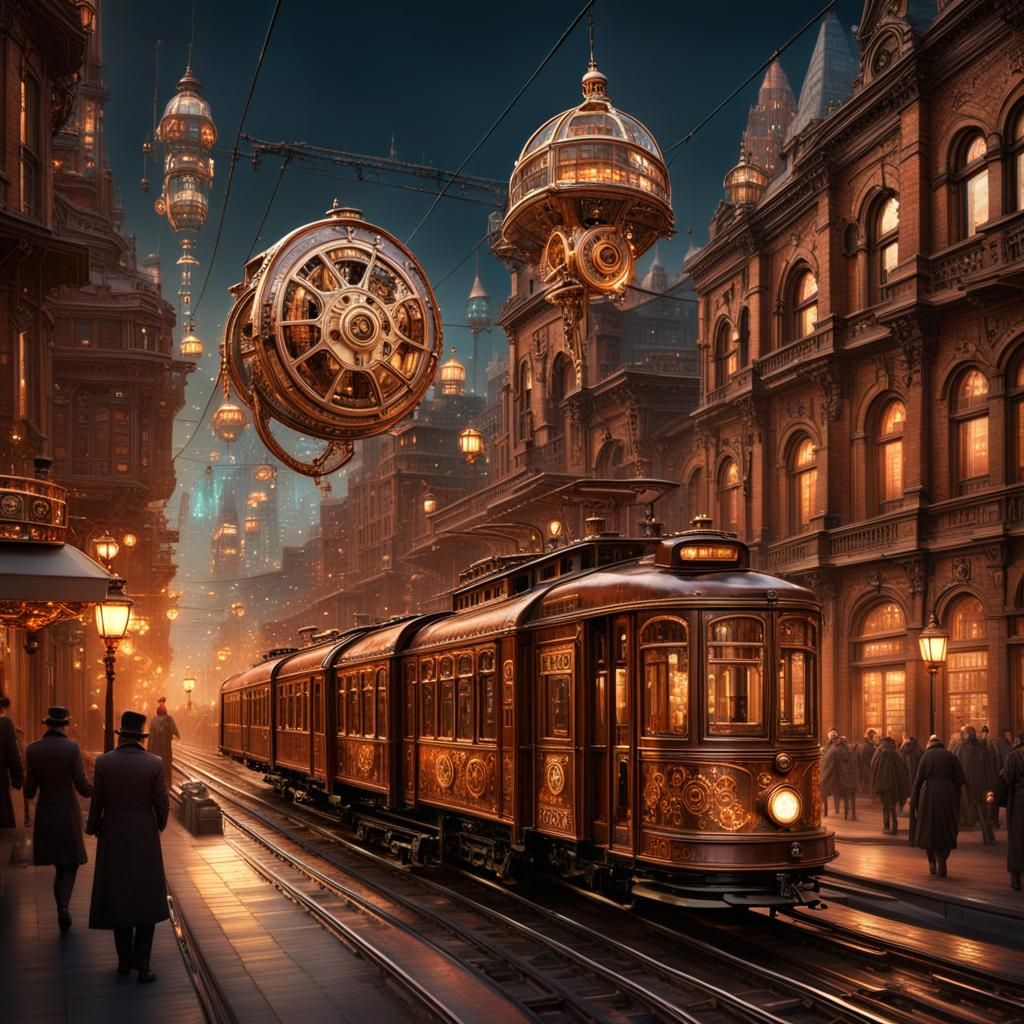 hologram image during night showcases a sprawling steampunk metropolis