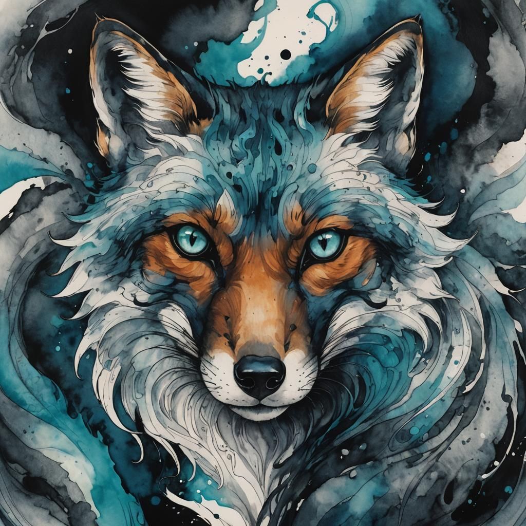 Mythic Fox Portrait in Japanese Ink Art