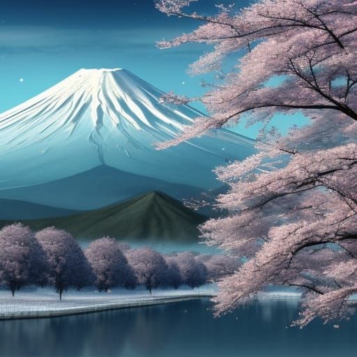 Mount Fuji Winter Landscape with Sakura Tree