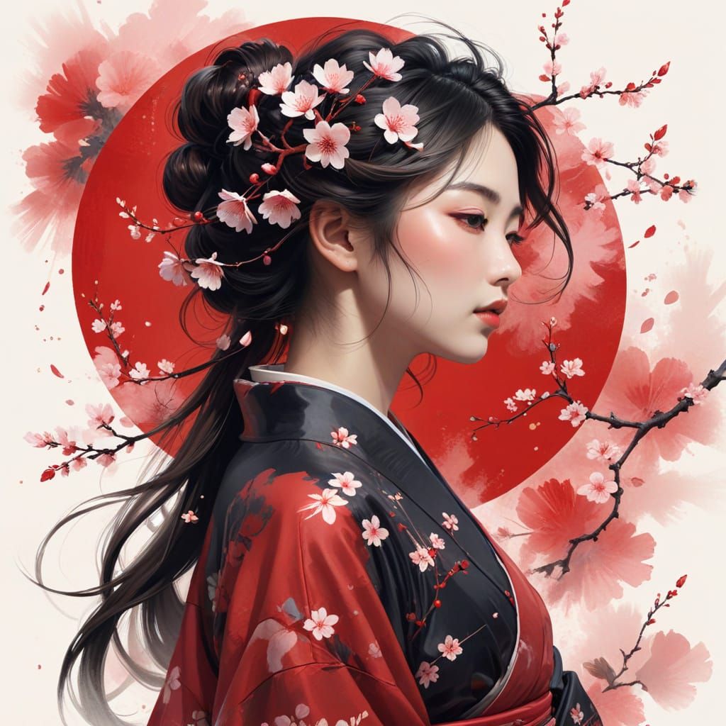 Ethereal Japanese Woman with Cherry Blossoms Digital Art