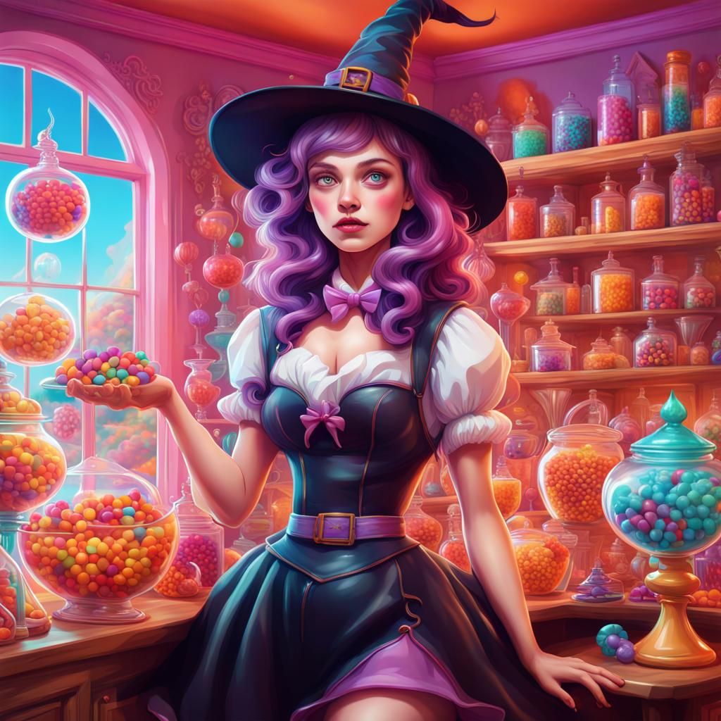 Whimsical Witch in Candyland Home, Digital Illustration