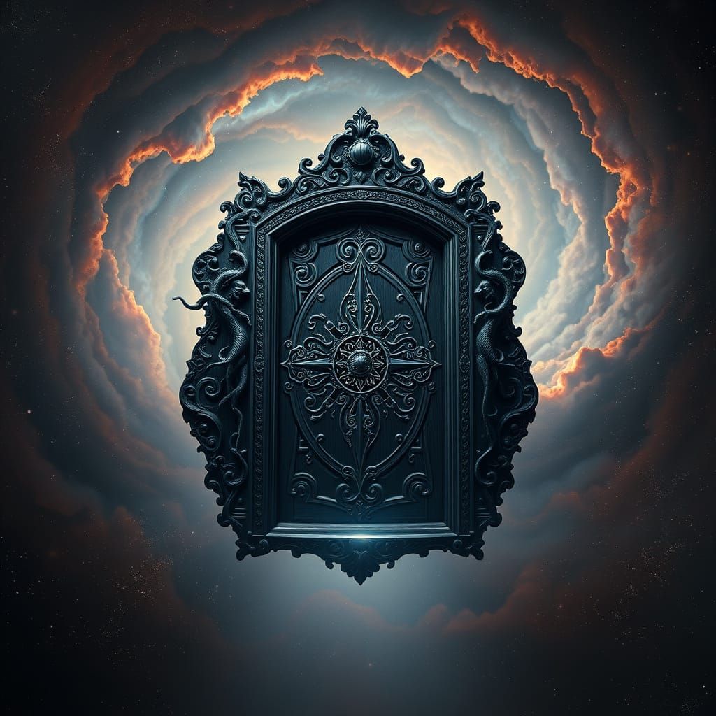 Obsidian Door in Nebula, Inspired by Giger and Beksiński