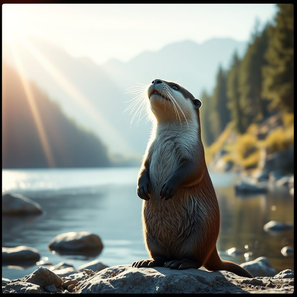 Otter Enjoying Sunshine on Riverbank in Cinematic Style