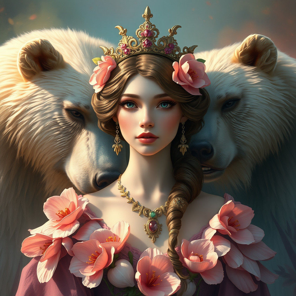 Mystical Flower Girl with Bears: Art Nouveau Portrait