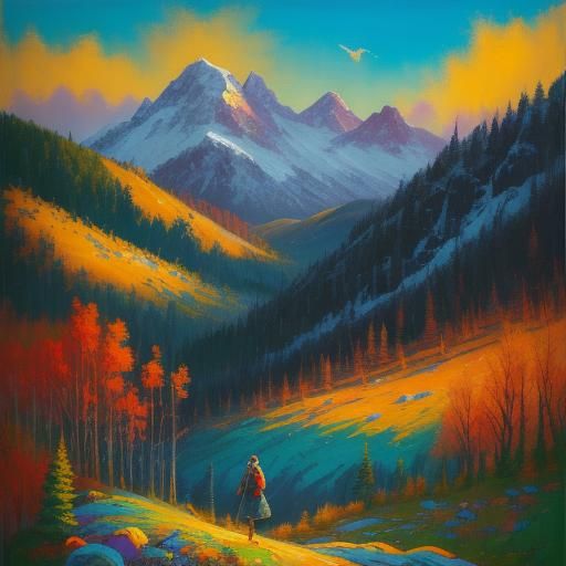 Woman and Mastiff Hike: Surreal Impasto Painting