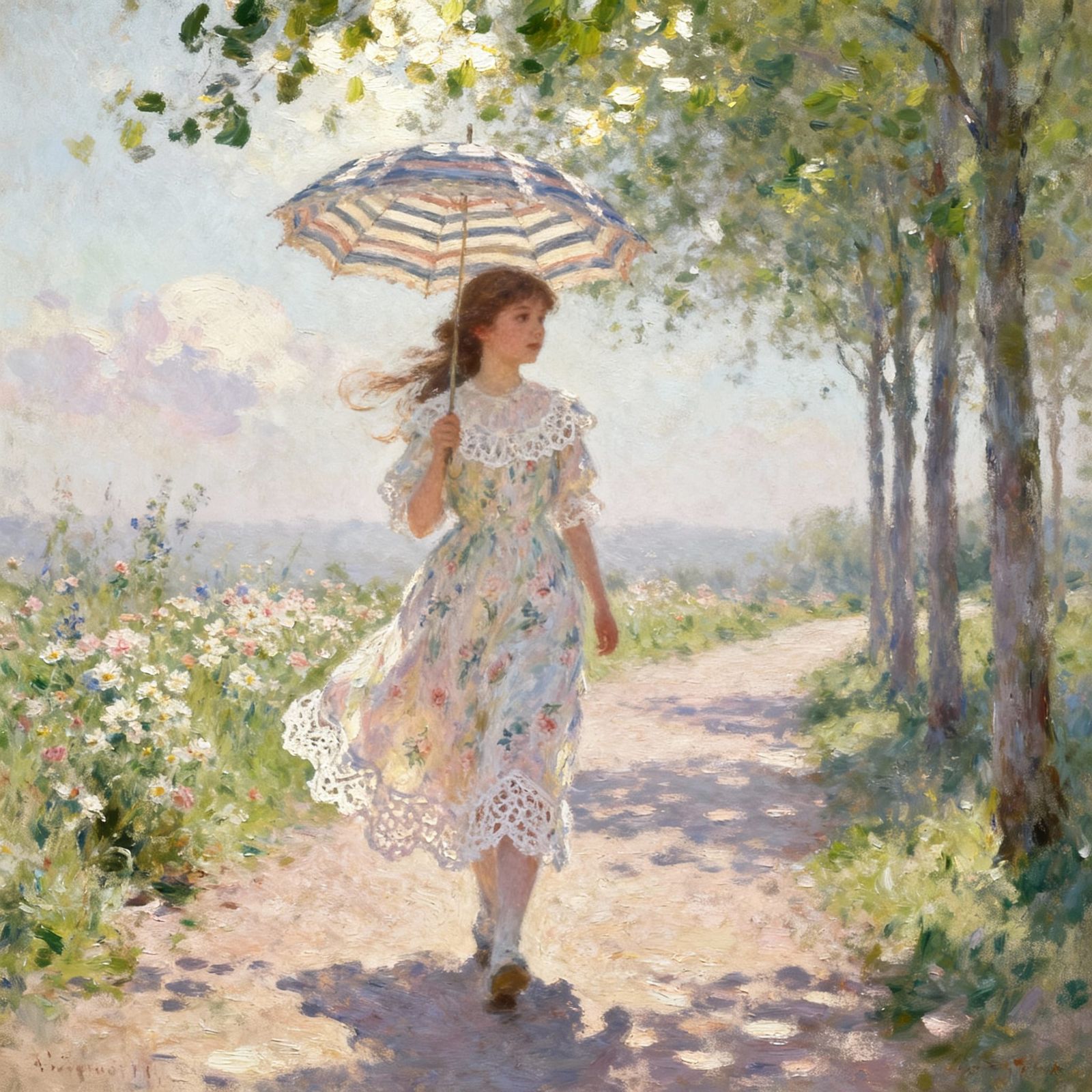 Girl with Parasol on Tree-Lined Path in Monet Style