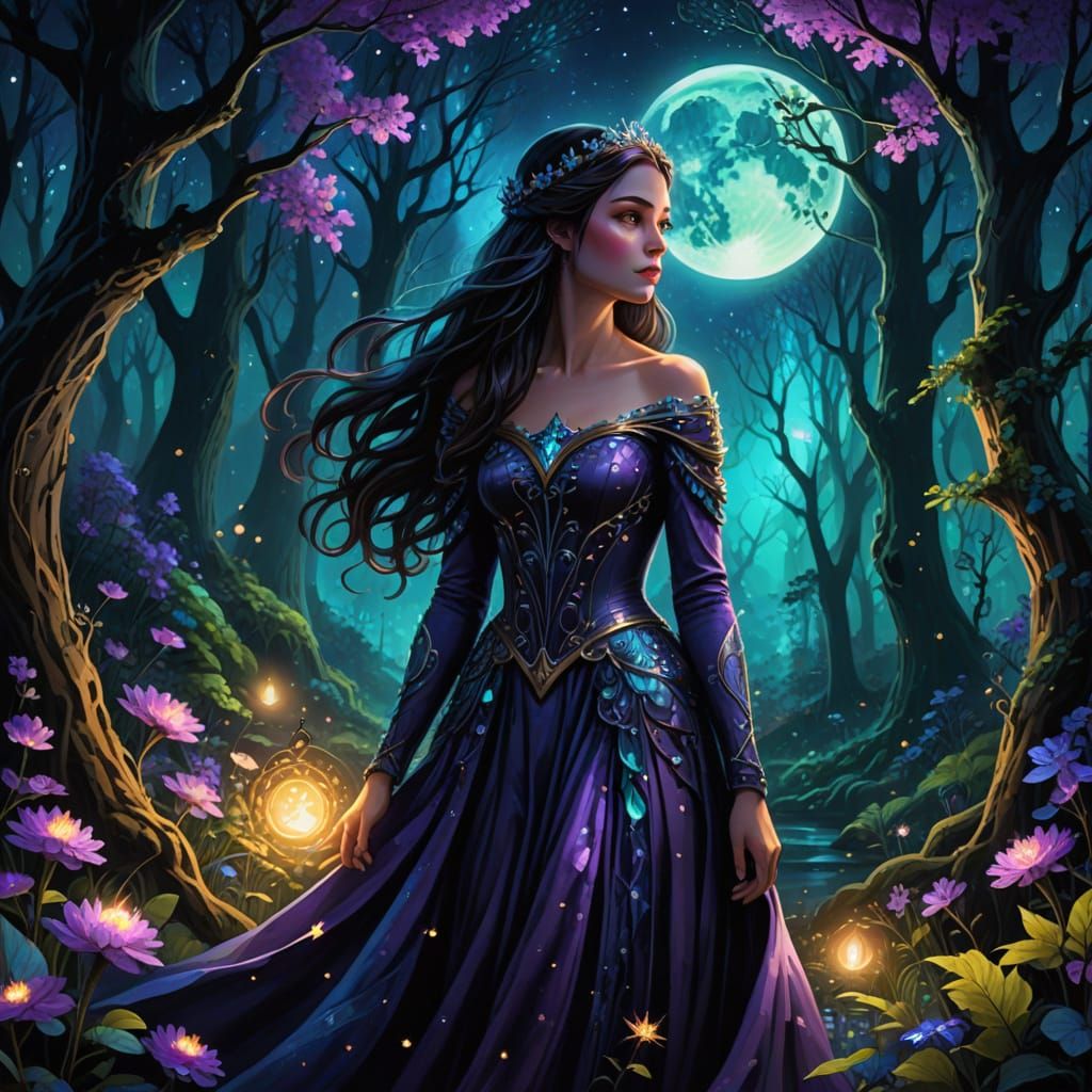 Ethereal Princess in Bioluminescent Forest Under Starlit Sky