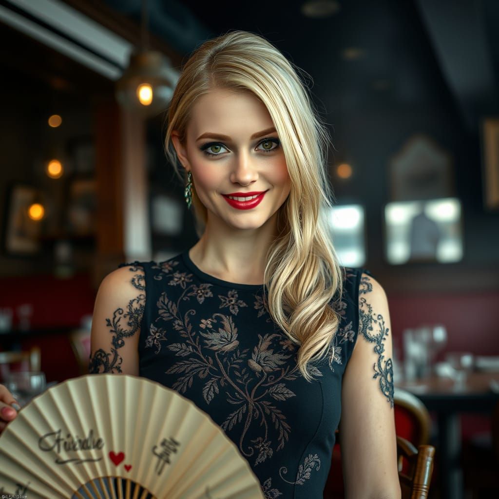 Woman with Fan in Restaurant, Hyperrealistic Digital Art