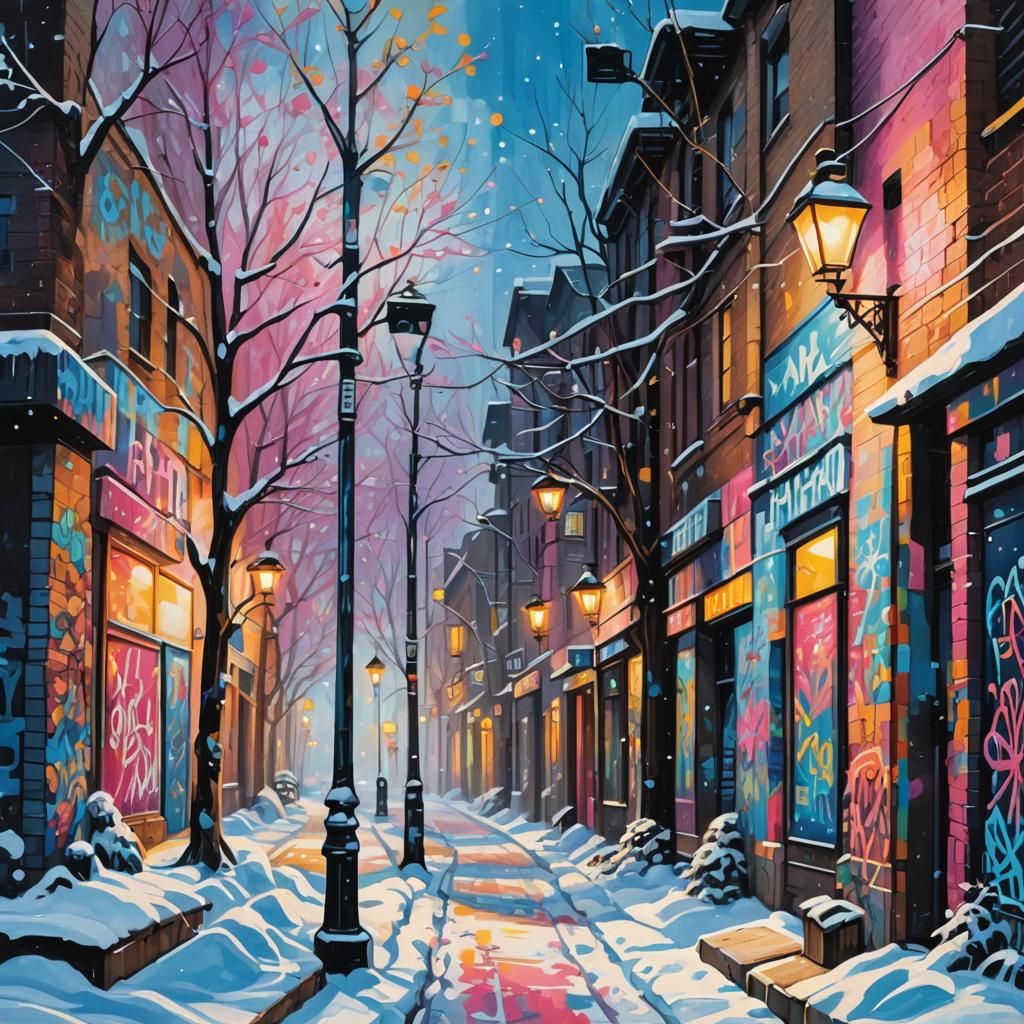 Colorful Graffiti Winter Landscape in Street Art Style