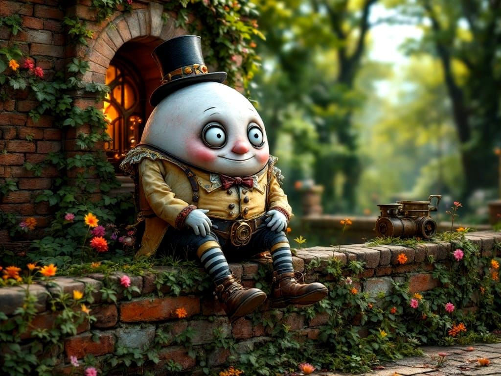 Victorian Humpty Dumpty Adorns Springtime Brick Wall