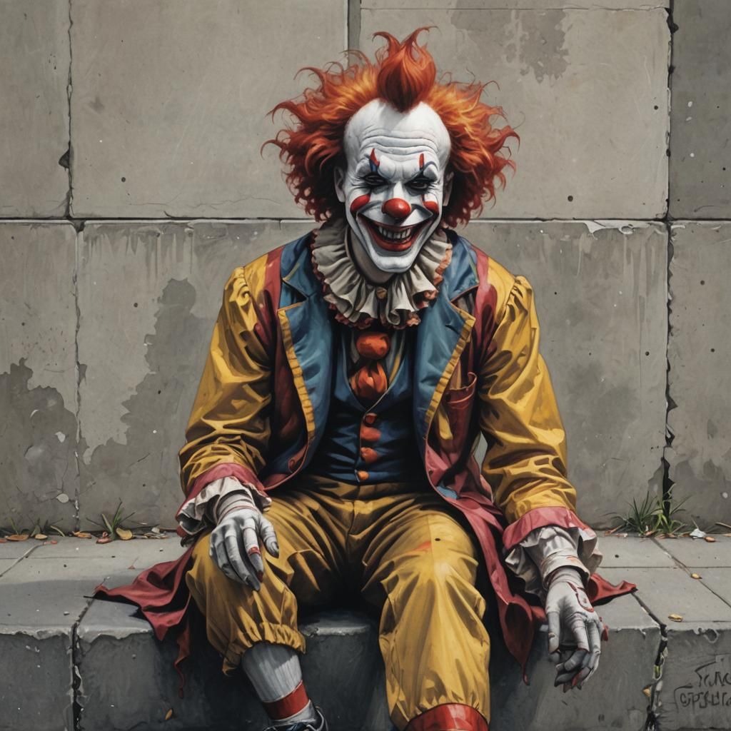 Sinister Clown Smiling on Sidewalk