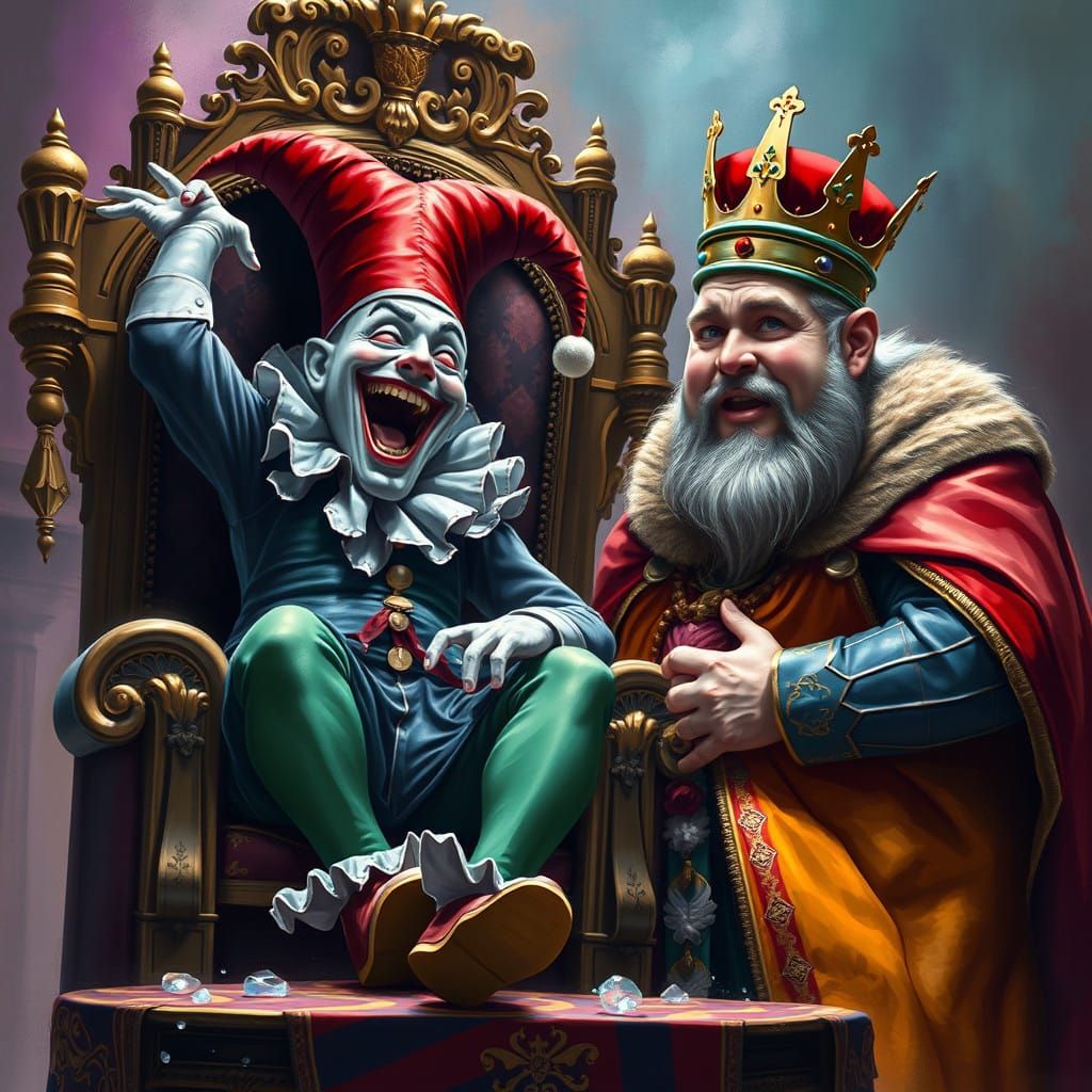 A Jester's Triumph Over a Confused King in Hyperrealistic Ar...