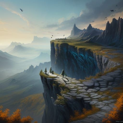 Fantasy Knight on Cliff Overlooking Dragon