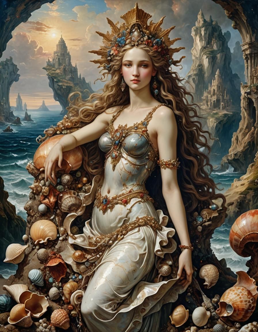 Aphrodite Rising from Seashell in Gustave Moreau Style