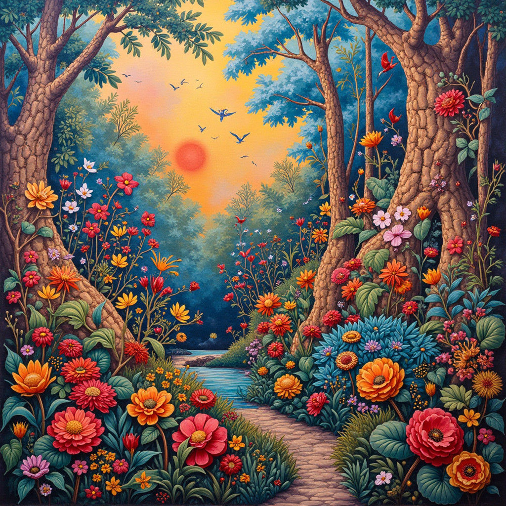 Colorful Folk Art Mural in Gouache Style