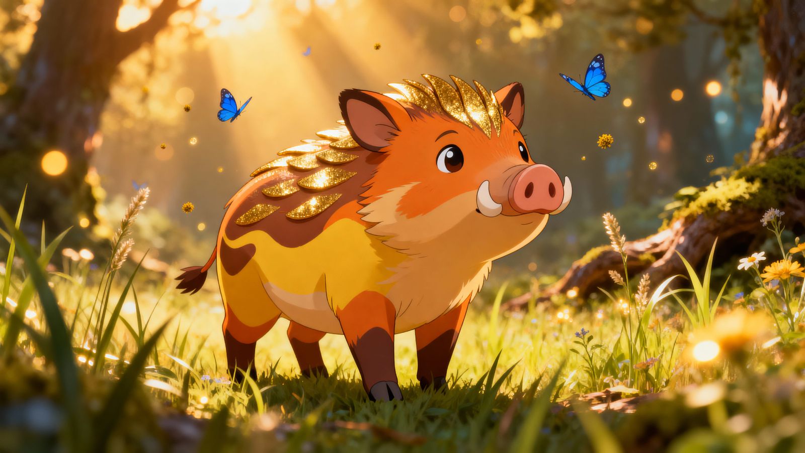Adorable Fantasy Boar in Sunlit Meadow