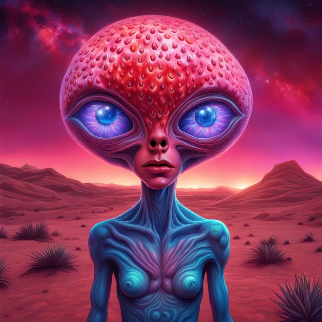 Strawberry-Faced Alien in Desert Night, Holographic Illustra...