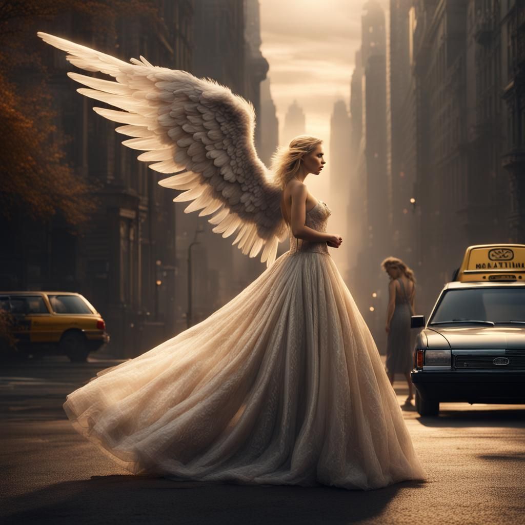 Blonde Angel in Platinum Gown Awaits Taxi