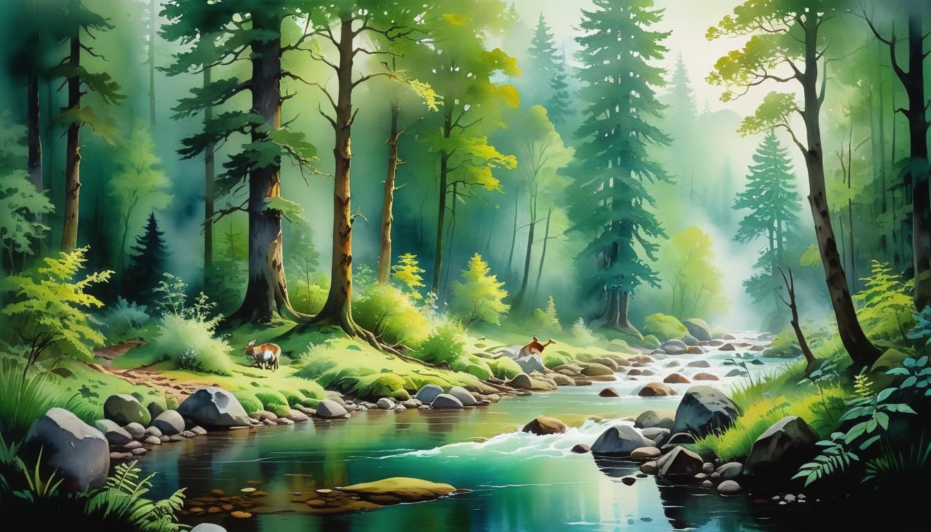 Lush Forest Scene in Gouache and Watercolor Style