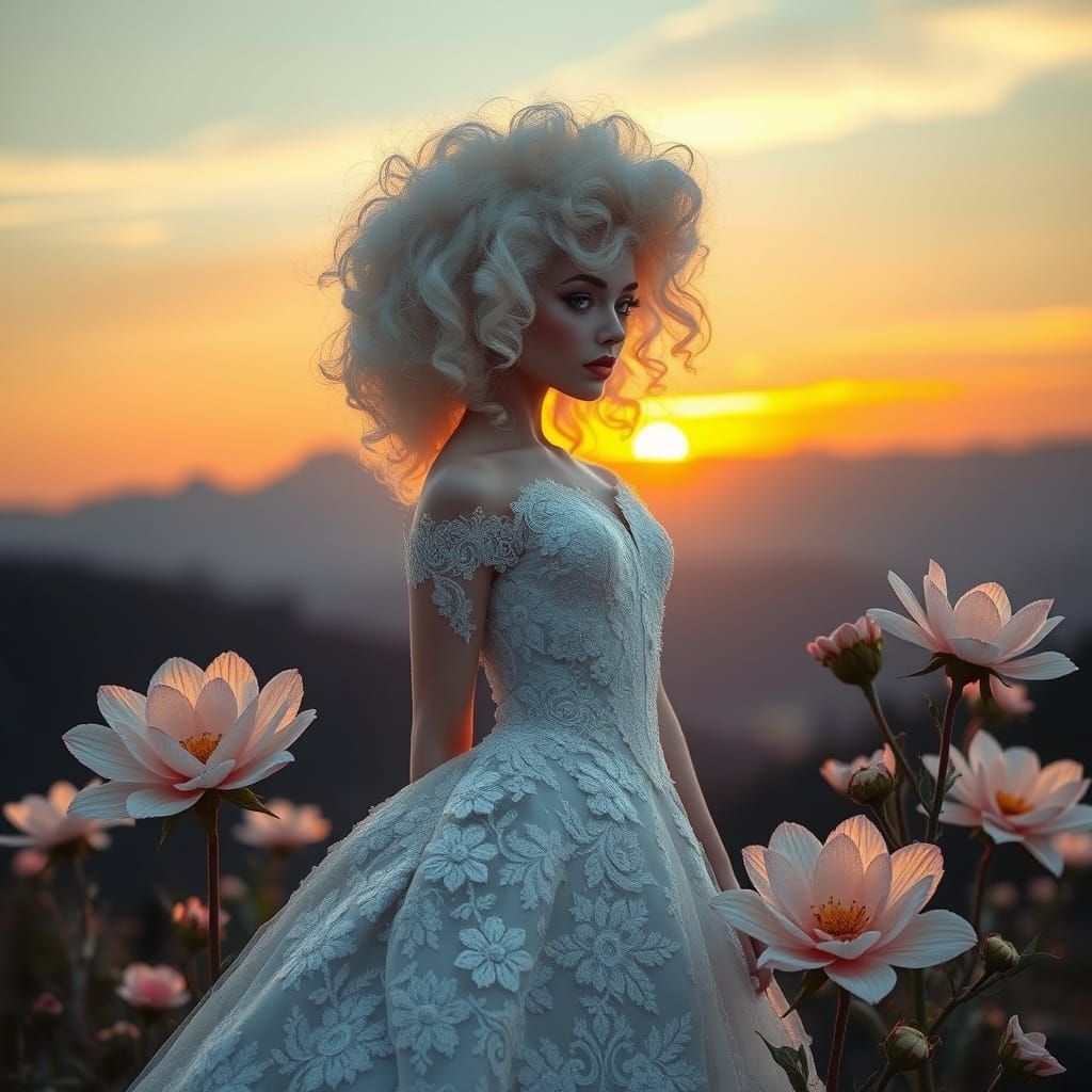 Albino Woman in Lace Gown at Sunrise
