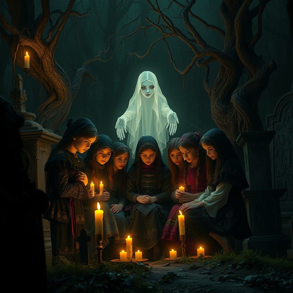 Victorian Children Summoning Ghost in Cemetery, Digital Art