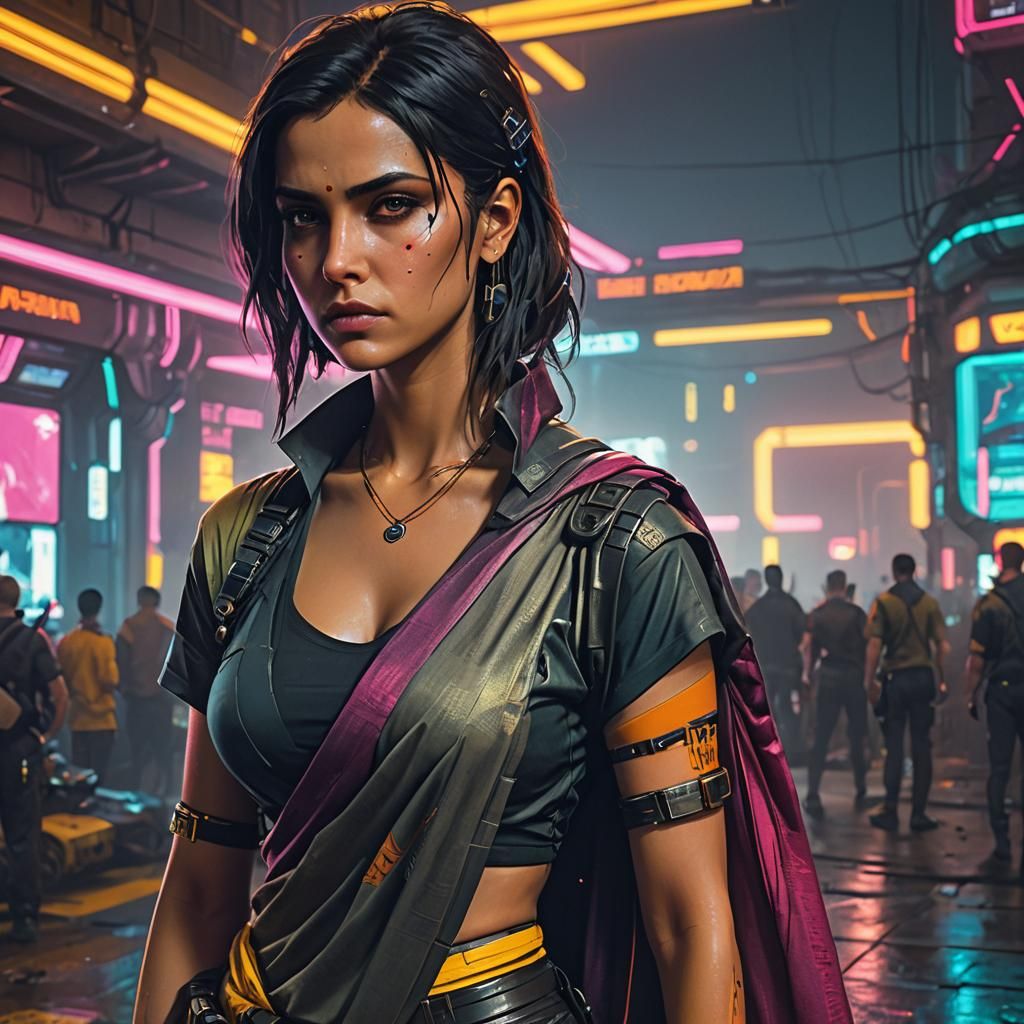 Woman in Saree in Cyberpunk Neon Style