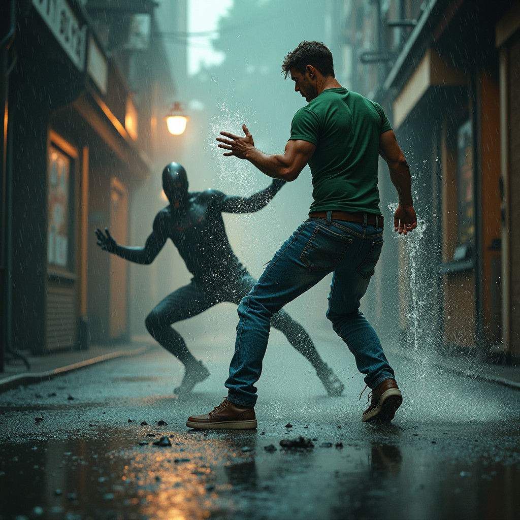 Brooding Superhero Summons Torrent in Rainy Alley