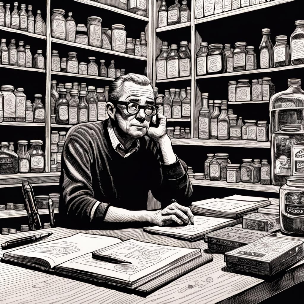 Detailed Pencil Drawing of Grocery Store Owner in Retro Styl...