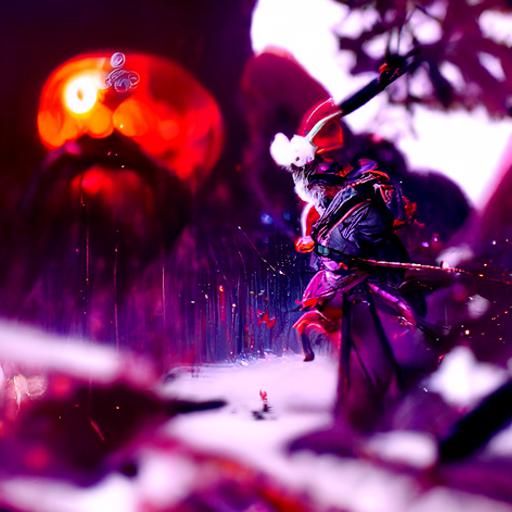 In a wintry forest Jolly Ninja Santa using his katana and laser pointer to defend himself from the huge hordes of innoce...