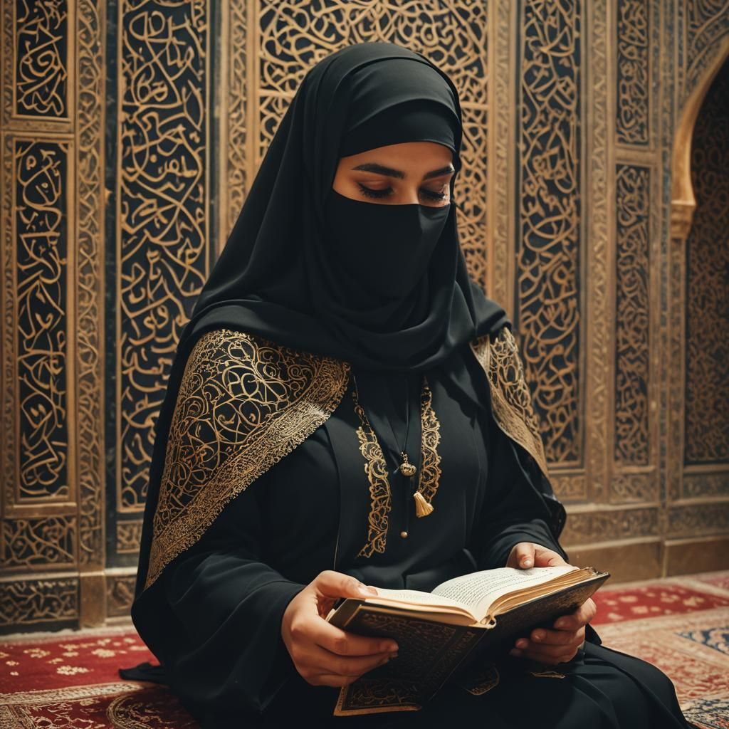 Niqab Woman Reading Quran in Mosque: Film Noir Style