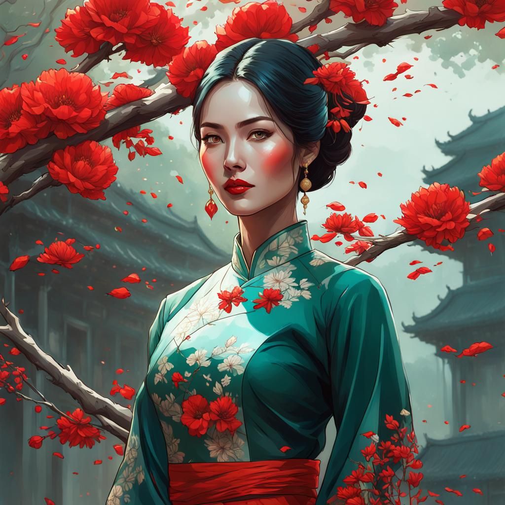 Vietnamese Woman in Ao Dai with Red Flowers